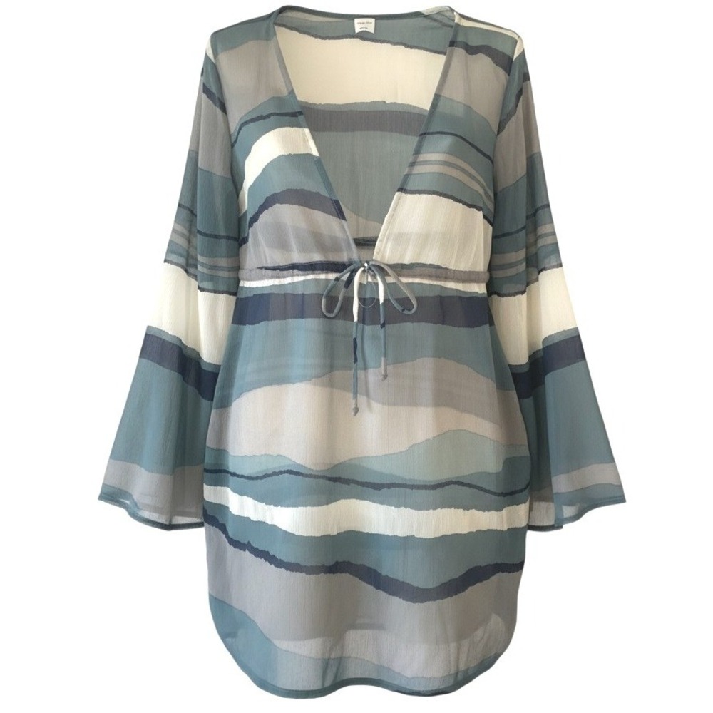 Merona Womens Blue Striped Sheer Chiffon Swim Cover Up V-Neck Tie Waist Small